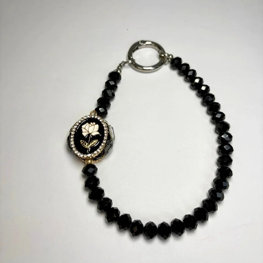 Boutique Black Crystal‎ Rose Bag Charm Chic Goth Coquette Lariat Purse Sparkle